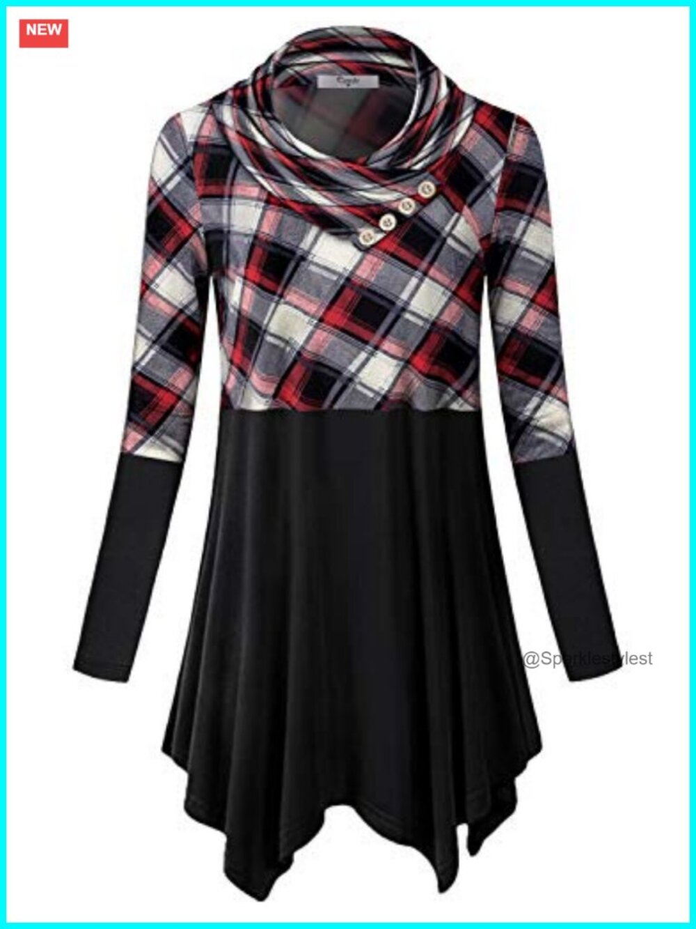 Cowl Neck Plaid Tunic Top Asymmetrical Long Sleeve Blouse